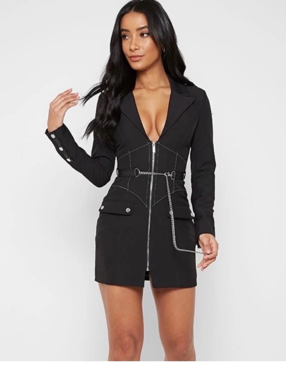 Maniere De Voir Black Fitted Zip Blazer Dress with Chain Detail